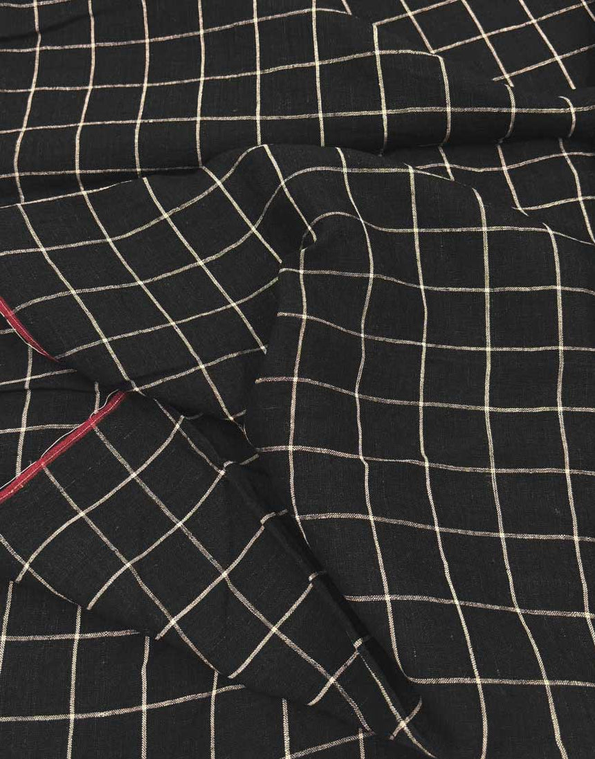Black Check Indian Woven Pure Linen Fabric