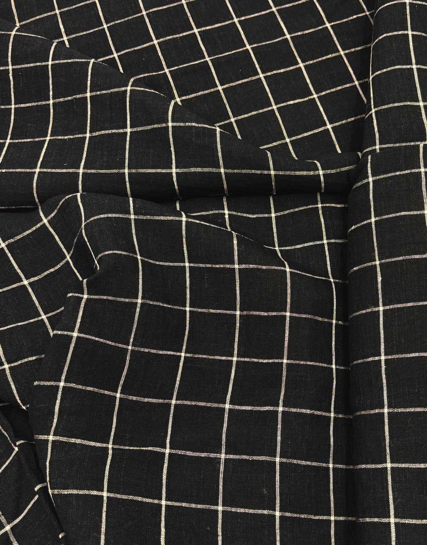 Black Check Indian Woven Pure Linen Fabric