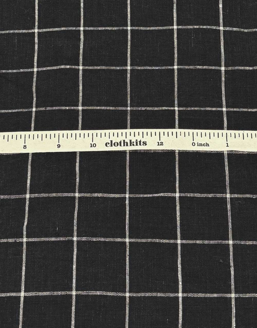 Black Check Indian Woven Pure Linen Fabric