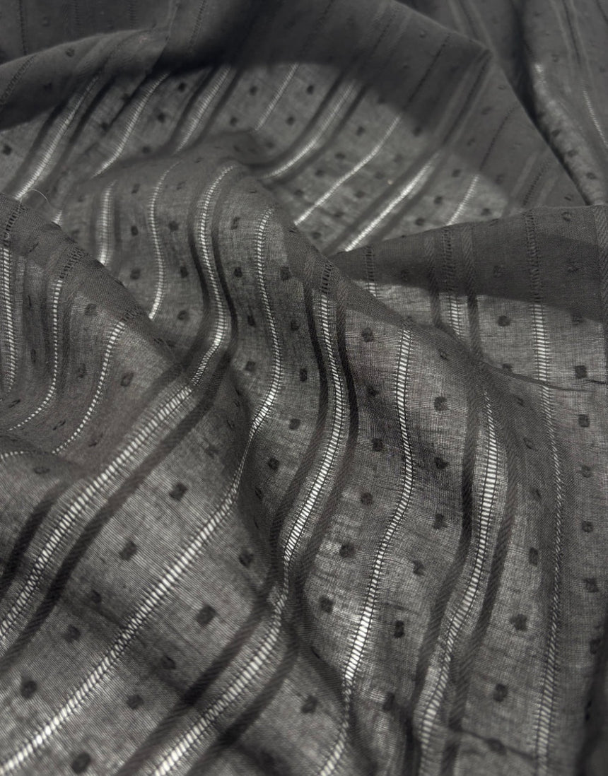 Black Dobby Stripe Cotton Voile, Swiss Knot Fabric