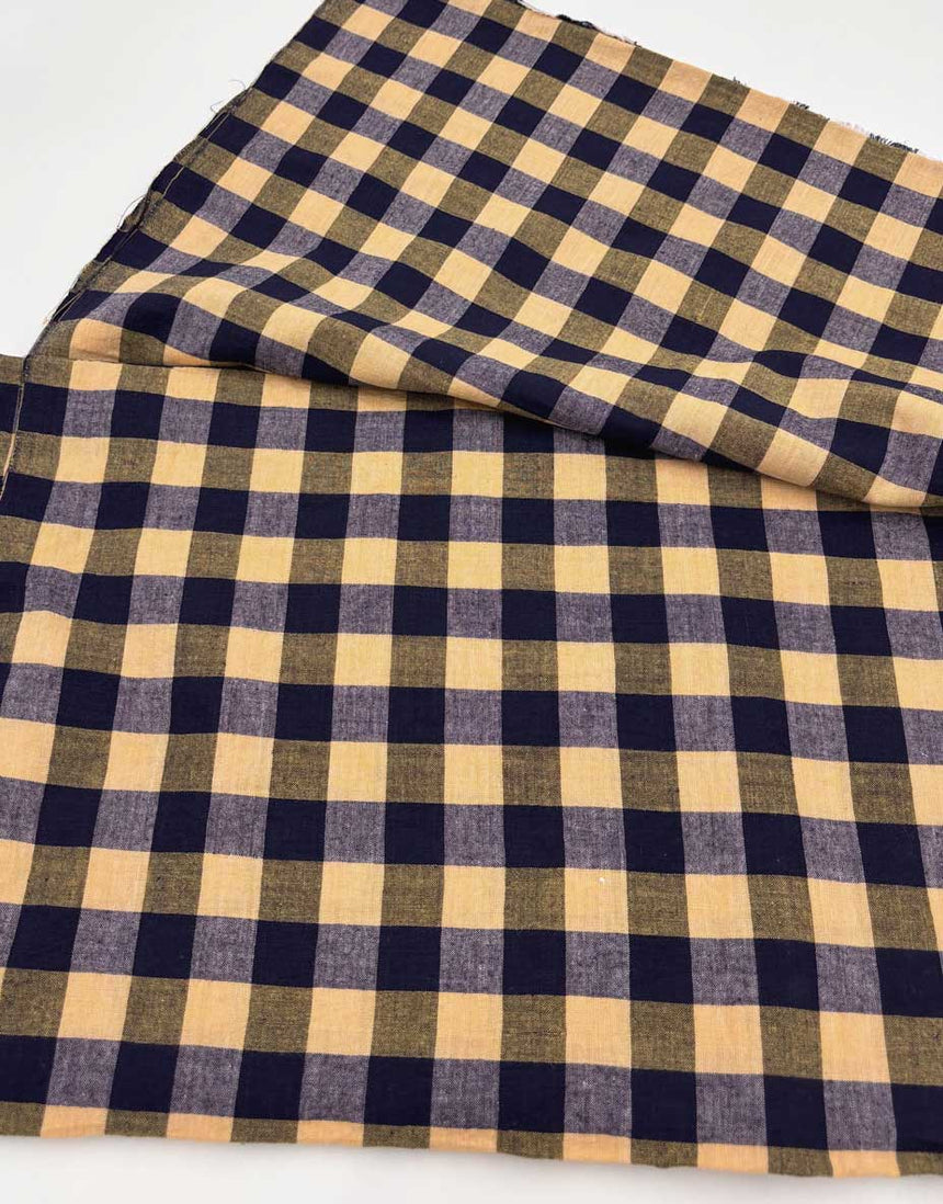 Blue & Peach Check Indian Woven Cotton Fabric