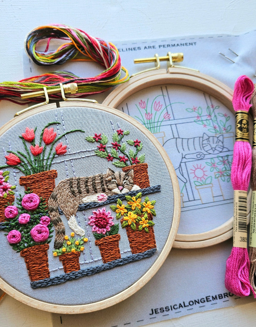 Catnap with Flowers Embroidery Kit, Jessica Long Embroidery