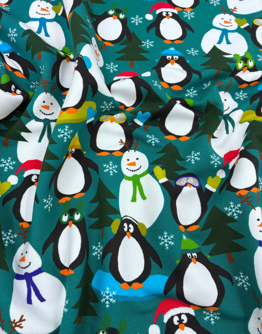 Christmas Penguin Party French Terry Fabric - Teal