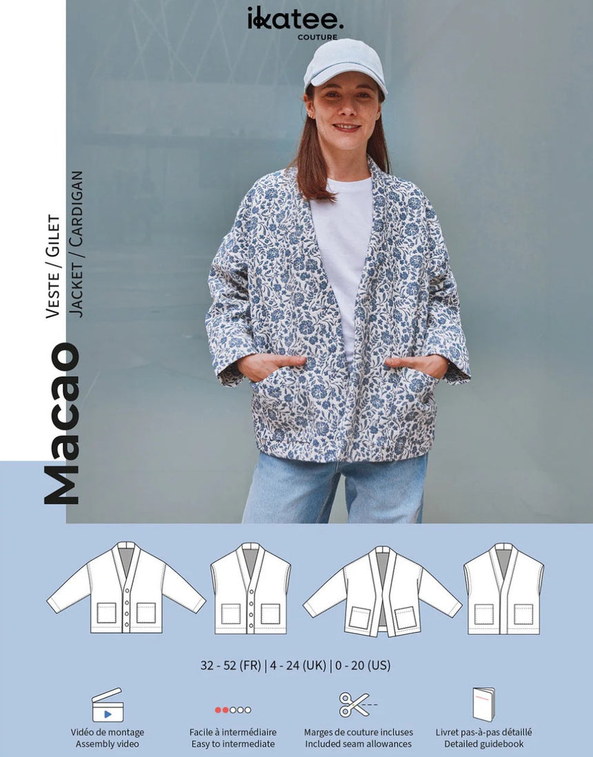 Macao Jacket or Cardigan Paper Sewing Pattern, Ikatee