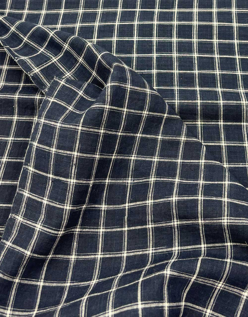 Navy & White Check Indian Woven Cotton Fabric
