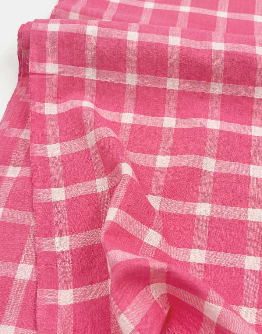 Pink & White Check Indian Woven Cotton Fabric