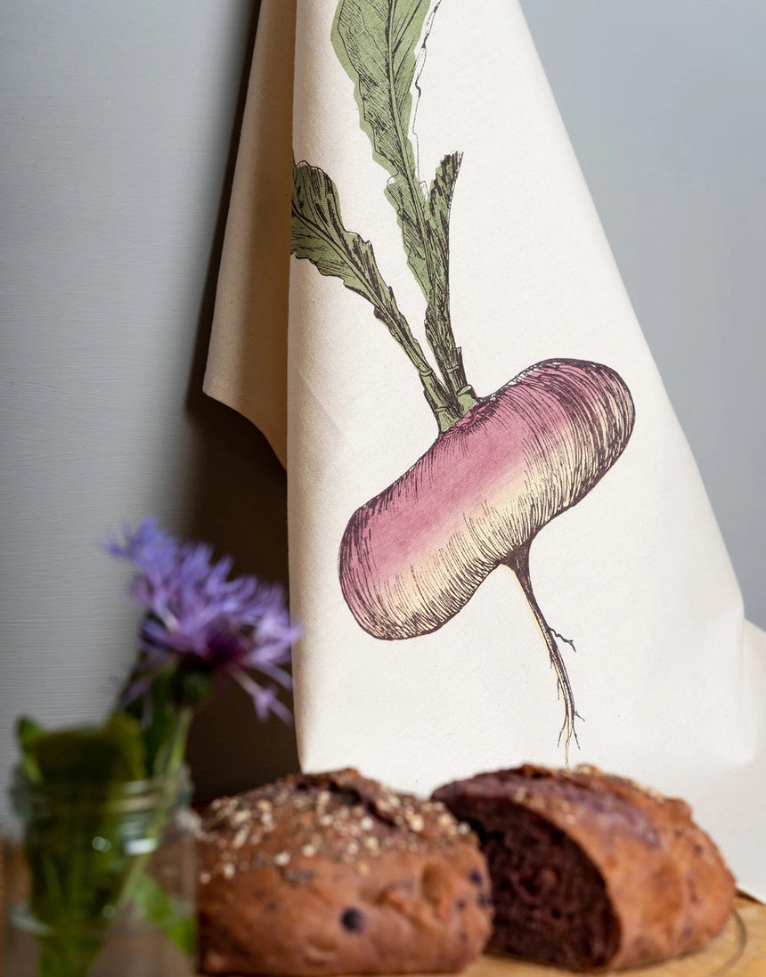Purple Turnip Tea Towel by Lottie Day