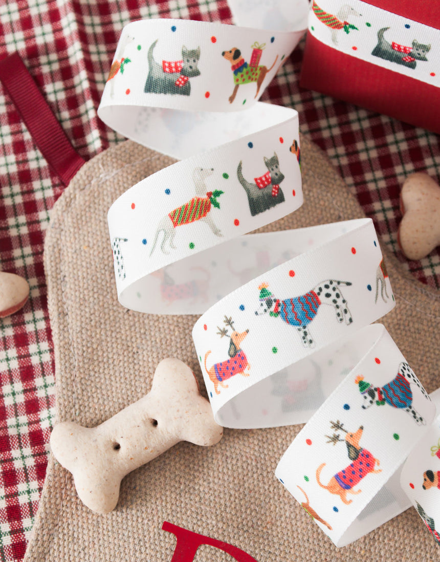 White Jolly Dogs Christmas Ribbon, 25m