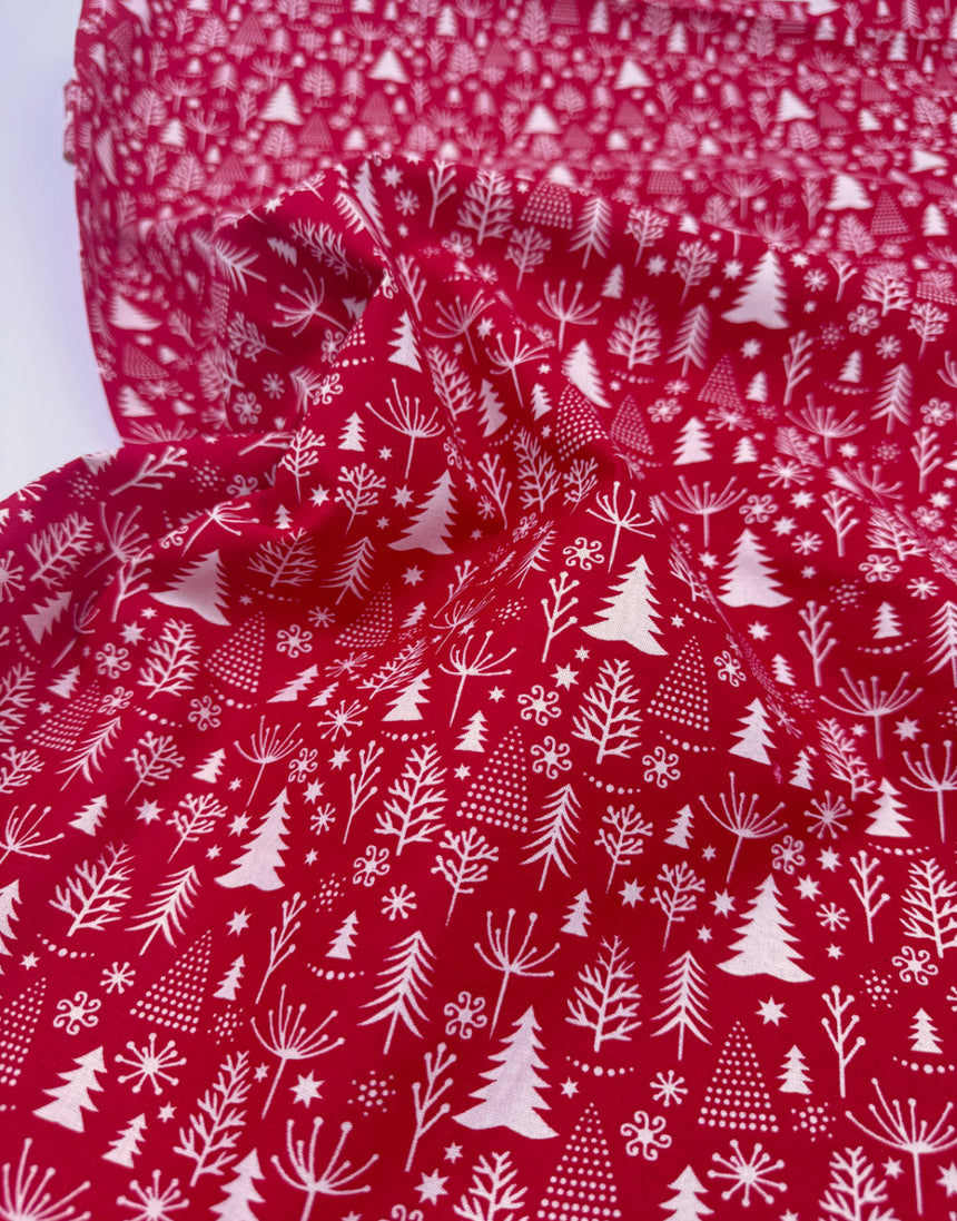 Scandi Christmas Trees Red Cotton Fabric