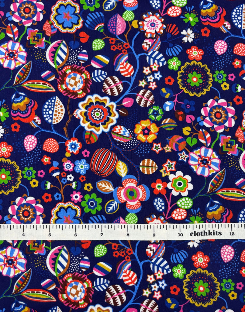 Navy Tree Flower Quilting Cotton Fabric, Primavera by Sholto Drumlanrig Thread & Ink Studio