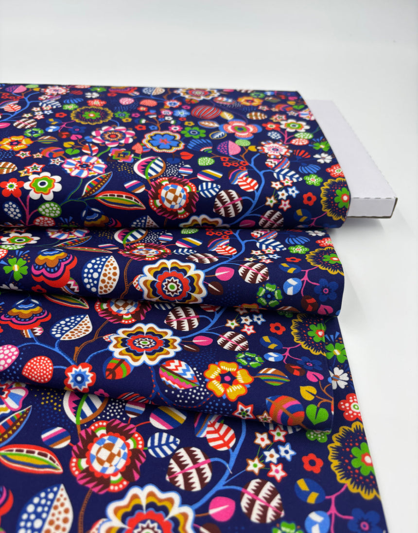 Navy Tree Flower Quilting Cotton Fabric, Primavera by Sholto Drumlanrig Thread & Ink Studio