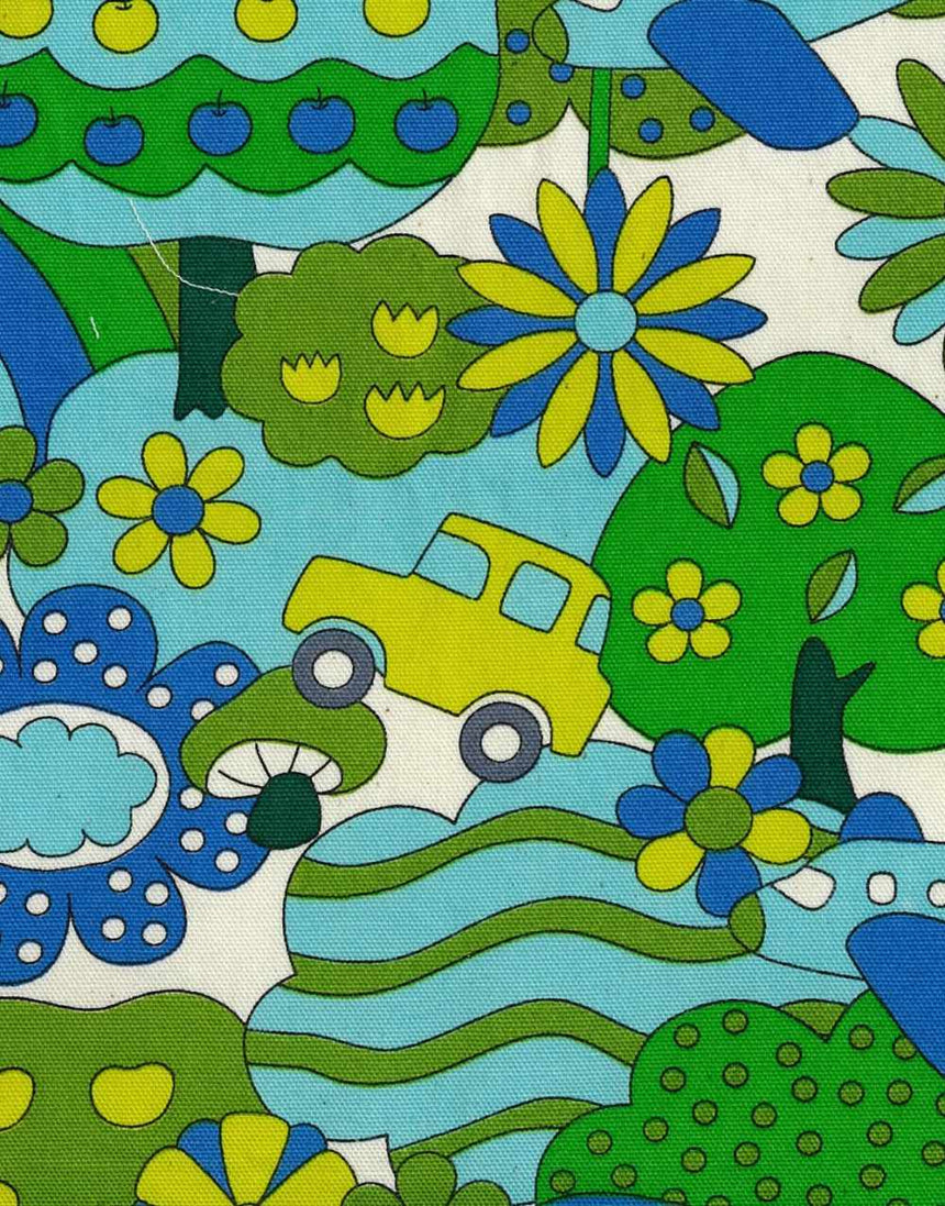 Retro School Blue & Green Japanese Cotton Linen Fabric, Kokka