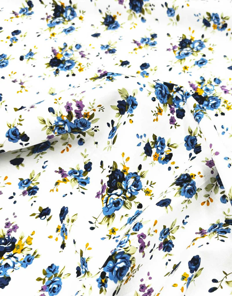Remnant 2.65m - Pretty Blue Floral Bouquet Cotton Lawn Fabric
