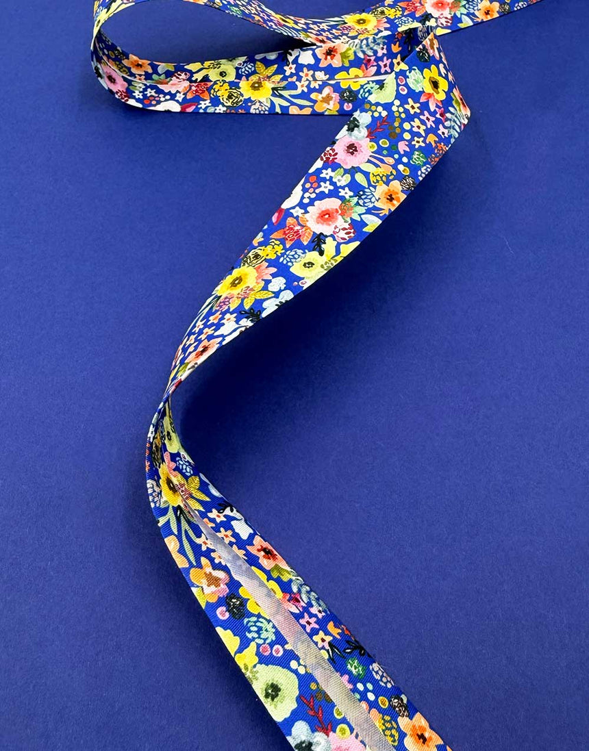 Blue Floral Bias Binding, 27mm