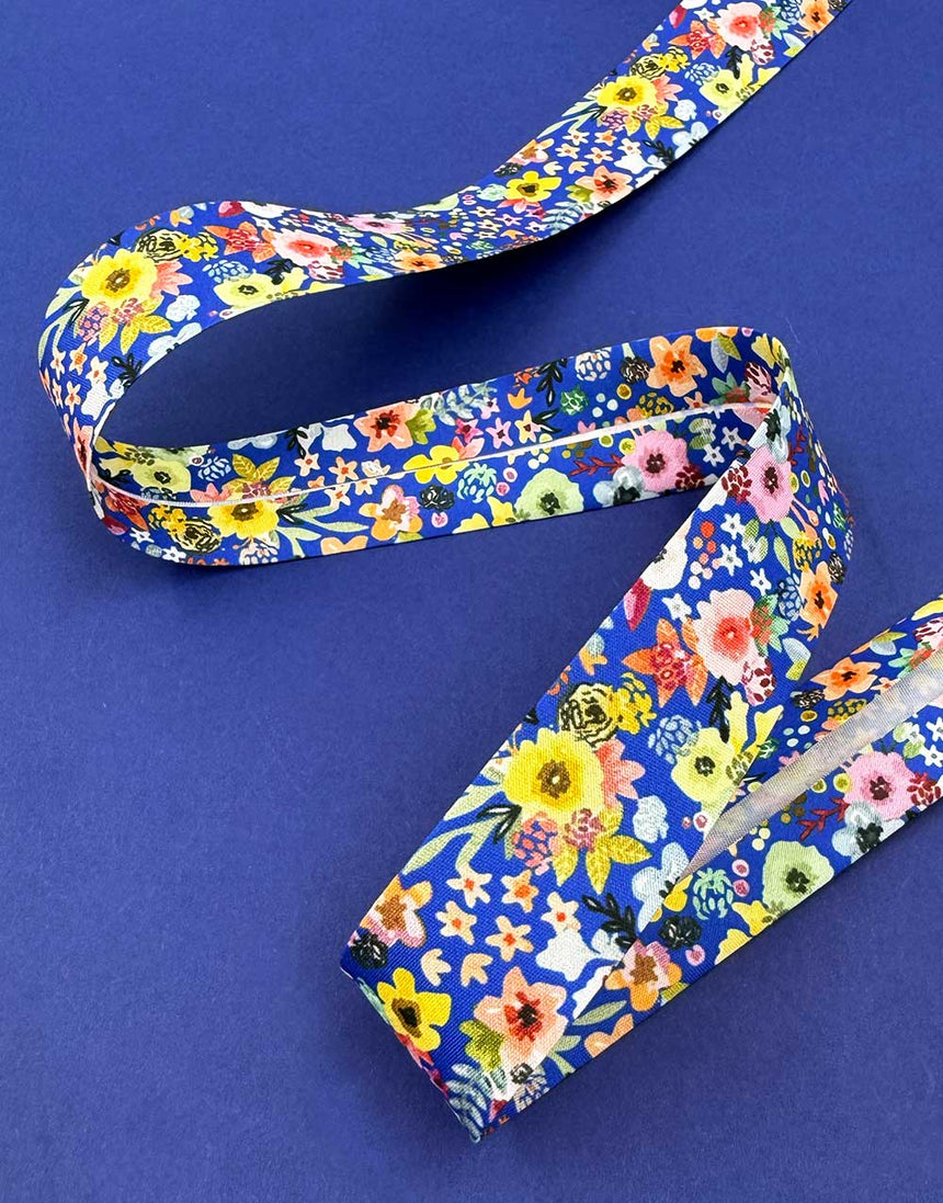 Blue Floral Bias Binding, 27mm