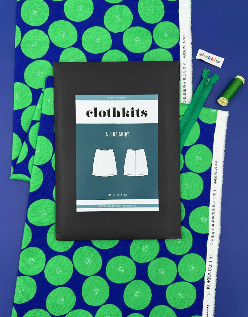 Clothkits A-Line Skirt Dressmaking Kit, Tomotake Green on Blue
