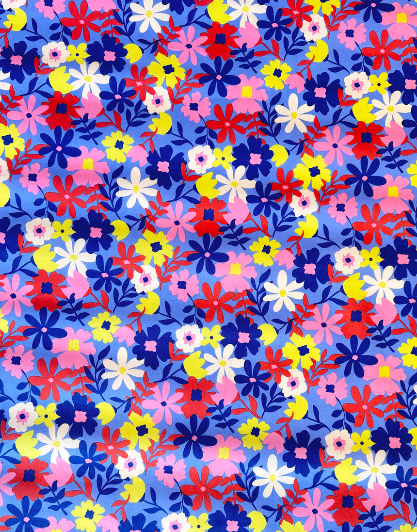 Blue & Red Flowers Coated Cotton Fabric