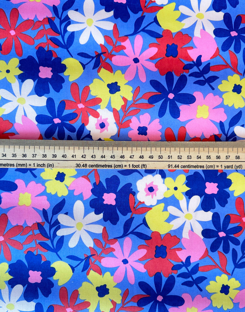 Blue & Red Flowers Coated Cotton Fabric