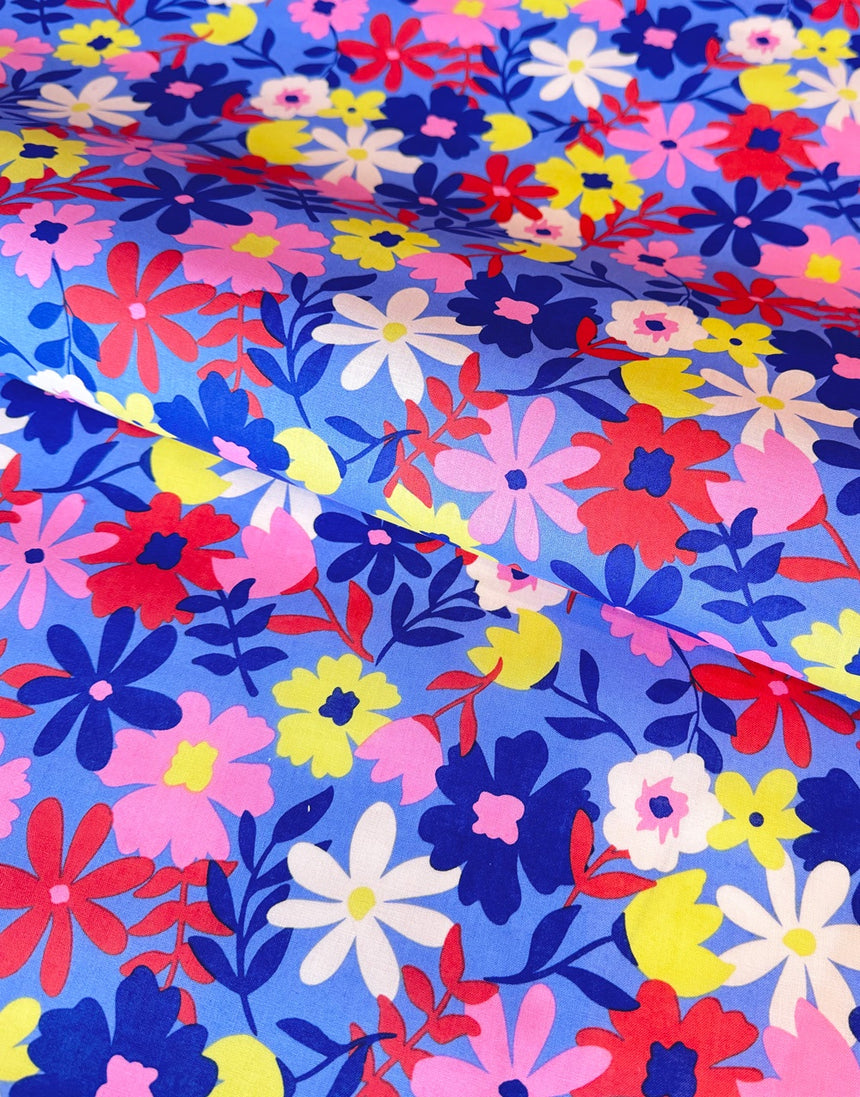 Blue & Red Flowers Coated Cotton Fabric