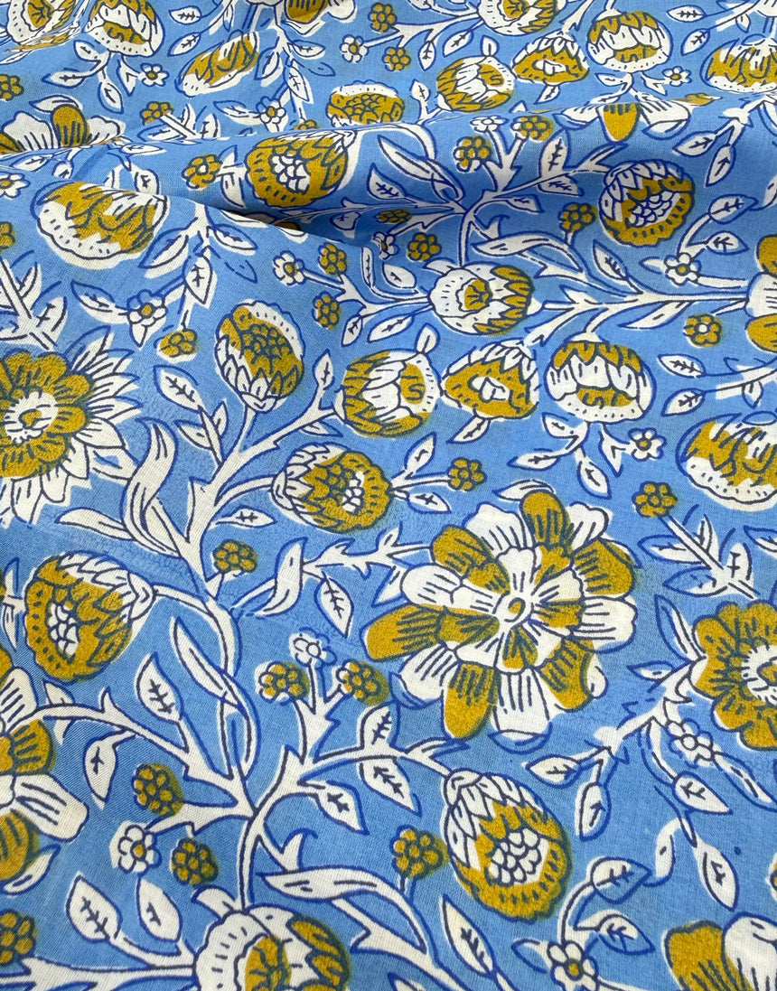 Blue & Ochre Floral, Indian Block Print Cotton Fabric