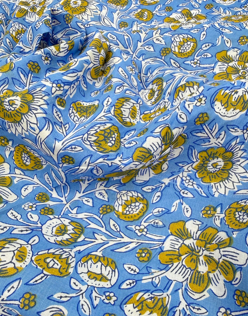 Blue & Ochre Floral, Indian Block Print Cotton Fabric