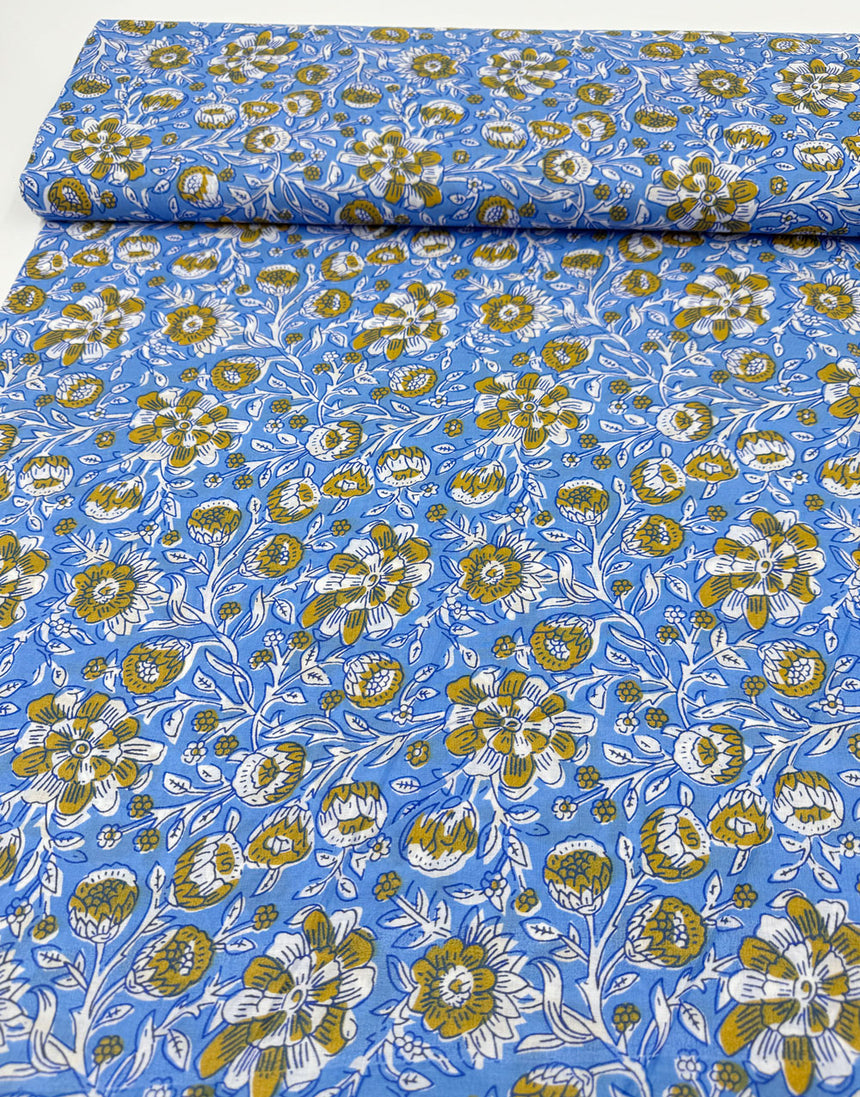 Blue & Ochre Floral, Indian Block Print Cotton Fabric