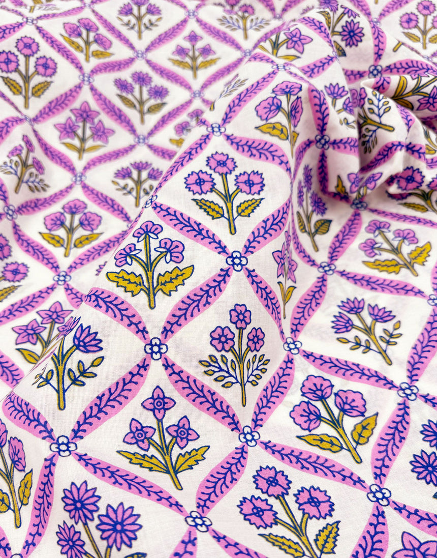 Rose Jali Trellis, Indian Block Print Cotton Fabric