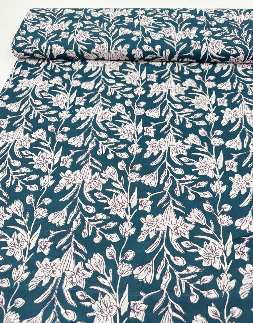 Teal Phool Floral, Indian Block Print Cotton Fabric
