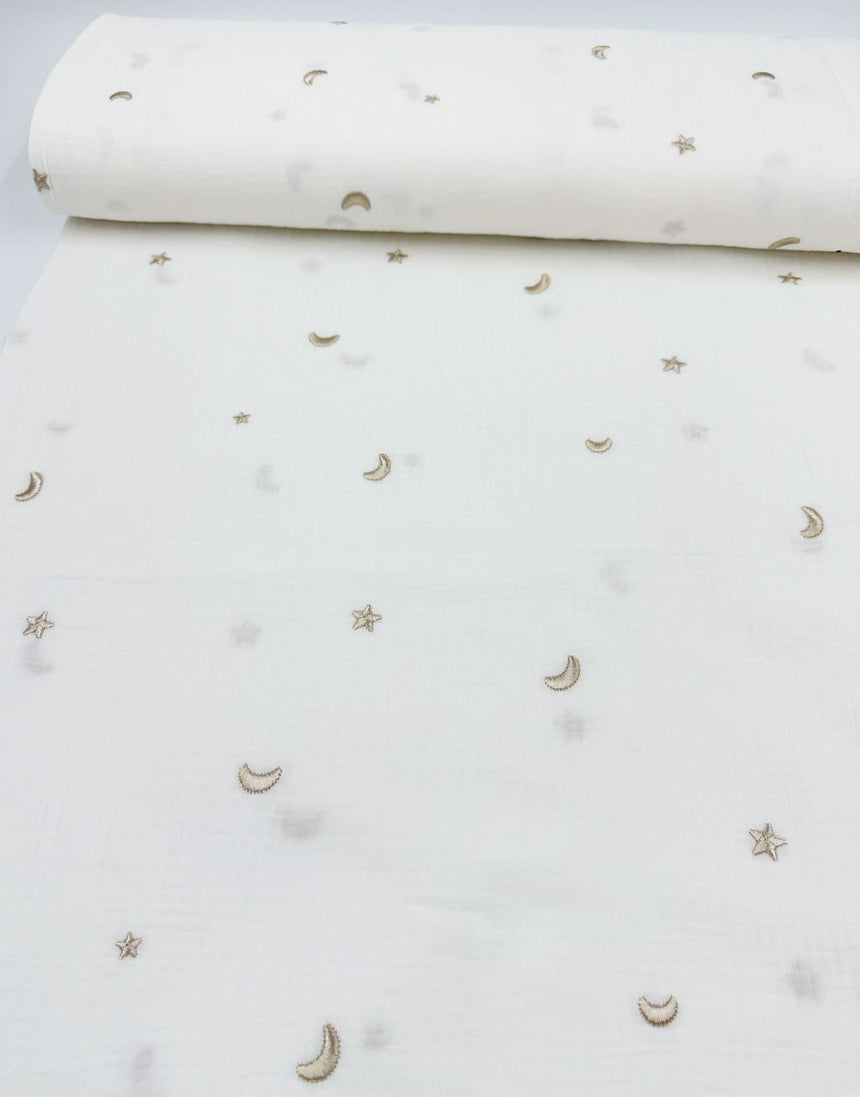 White Moonlight Embroidered Cotton Double Gauze Fabric