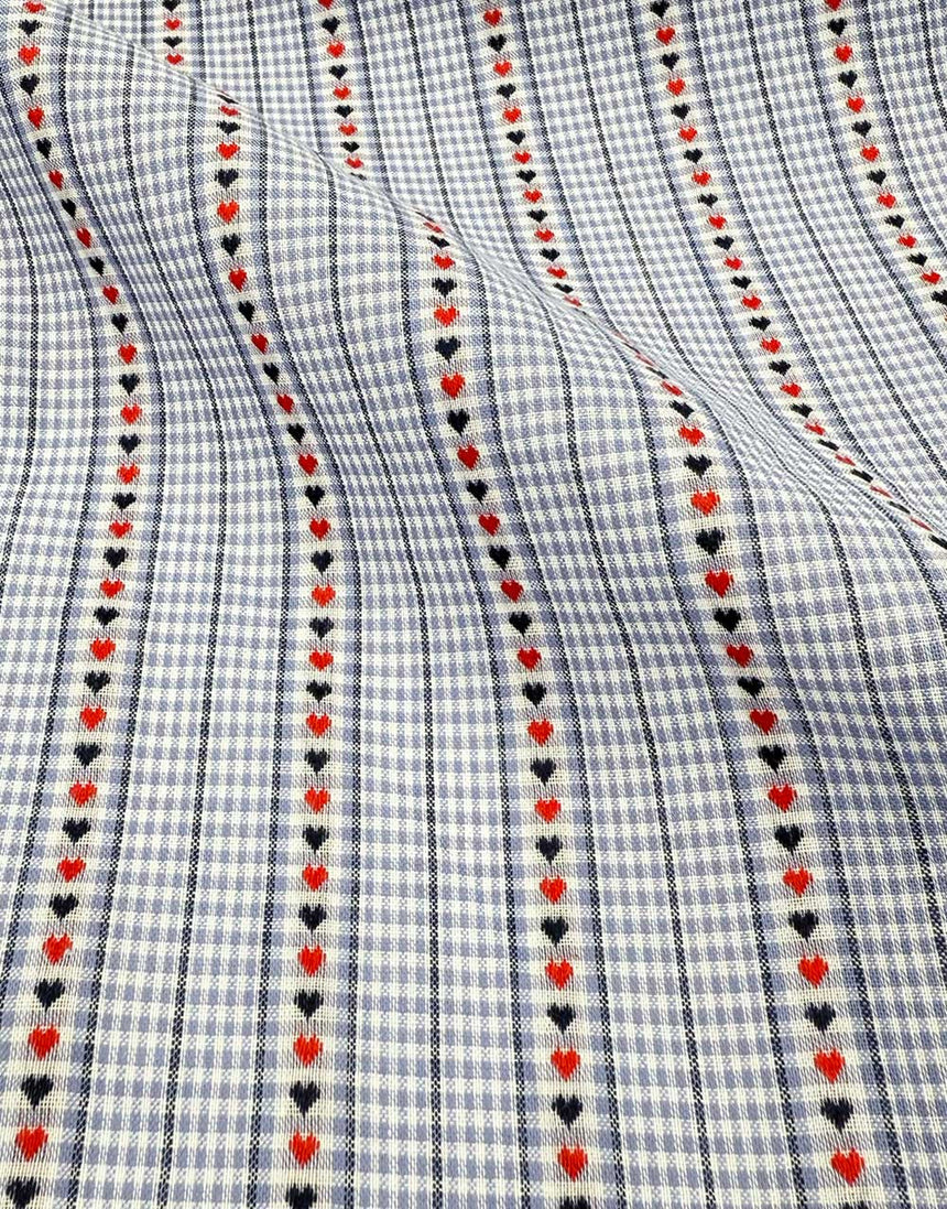 Remnant 1m - Gingham Hearts Light Blue Striped Jacquard Cotton Fabric