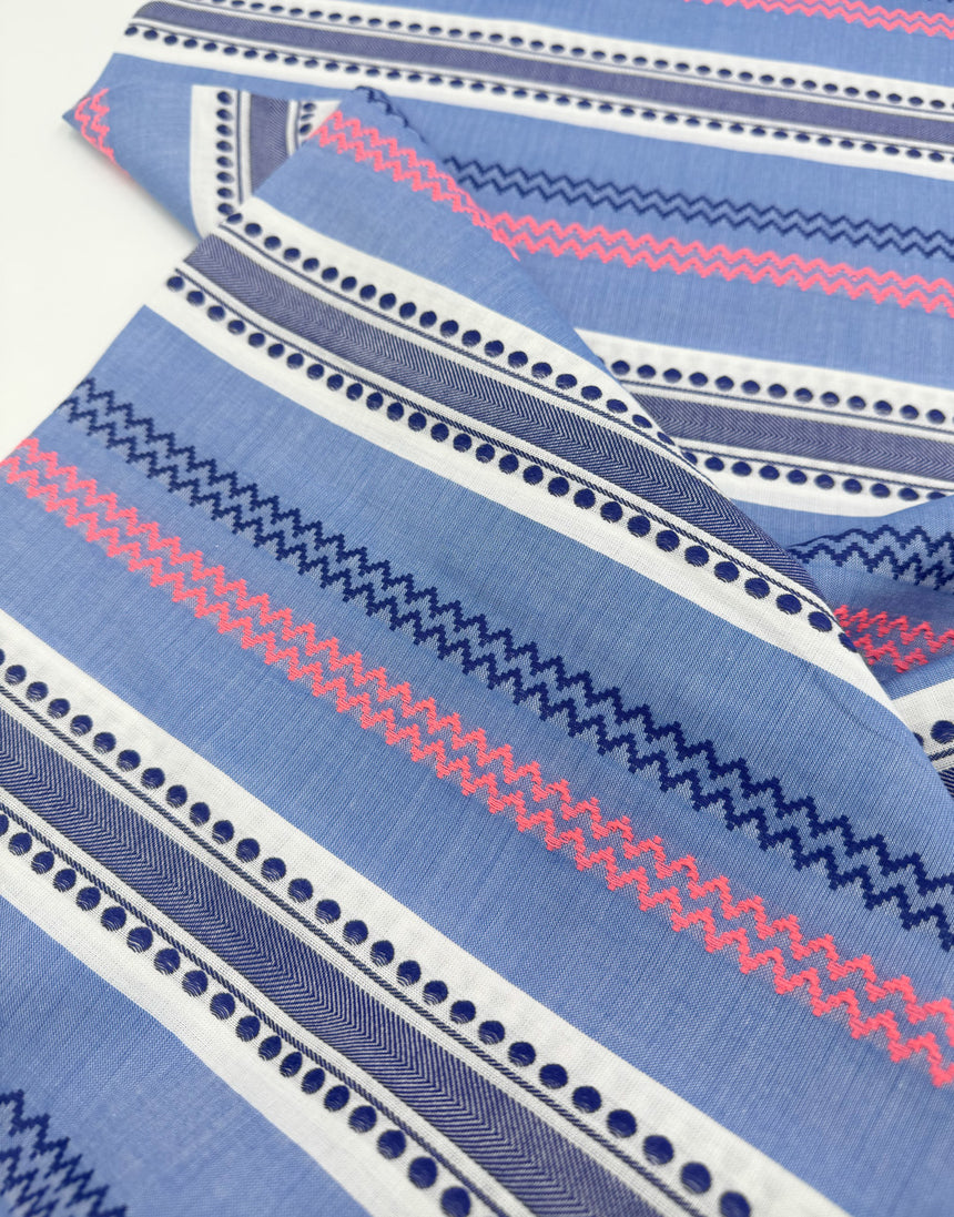 Remnant 1.65m -Blue & White Jacquard with Neon Stripe Fabric