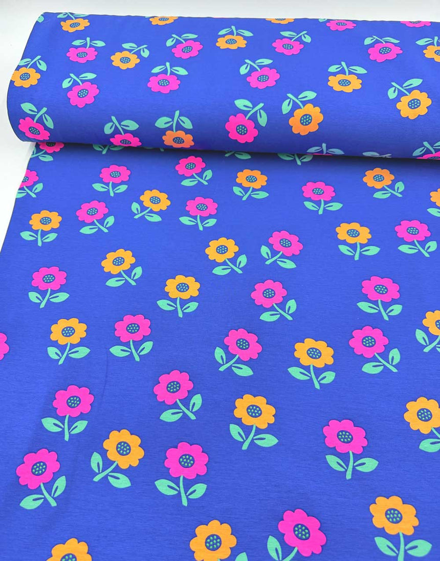 Cobalt Blue Neon Flower Cotton Jersey Fabric