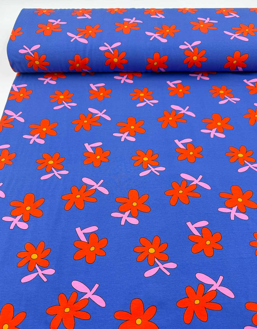 Indigo Daisy Pop Organic Cotton Jersey Fabric, Jennifer Bouron