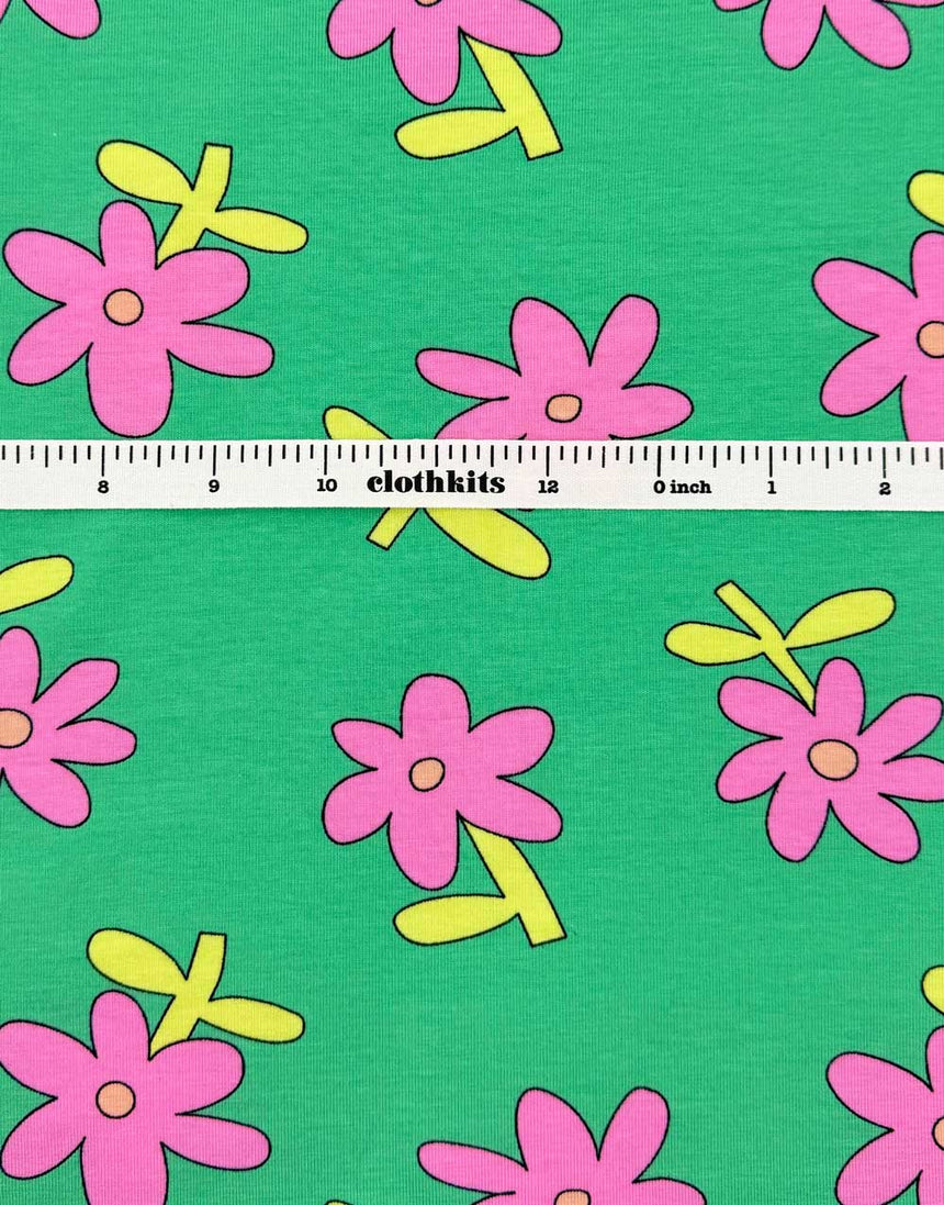 Mint Daisy Pop Organic Cotton Jersey Fabric, Jennifer Bouron