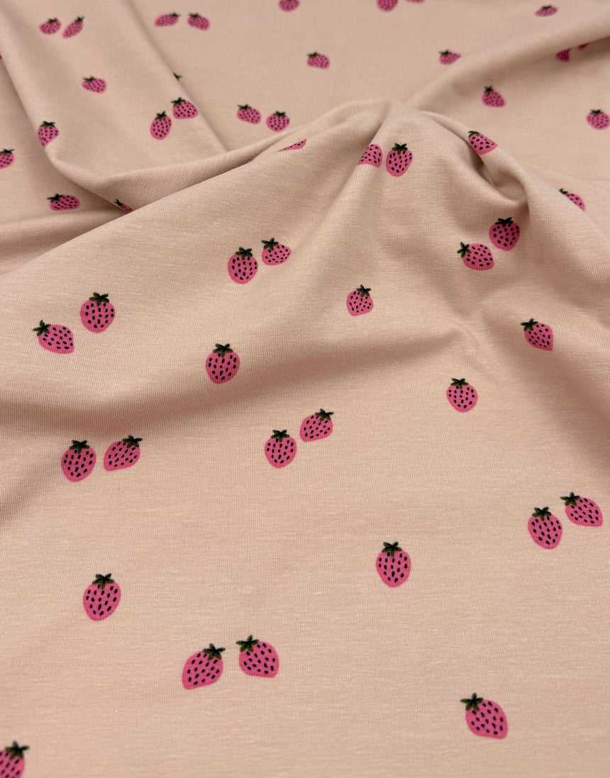 Pink Strawberry Scatter Organic Cotton Jersey Fabric