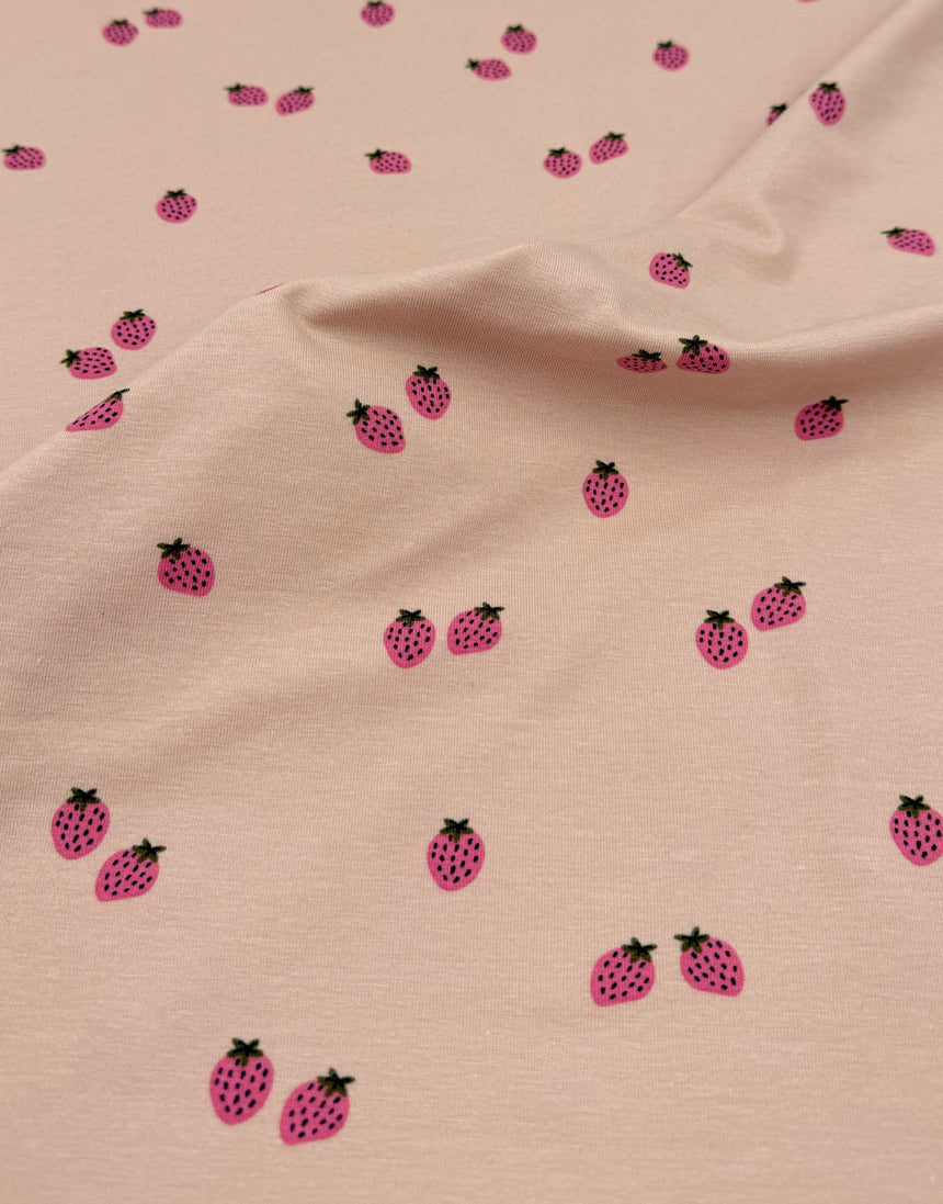 Pink Strawberry Scatter Organic Cotton Jersey Fabric