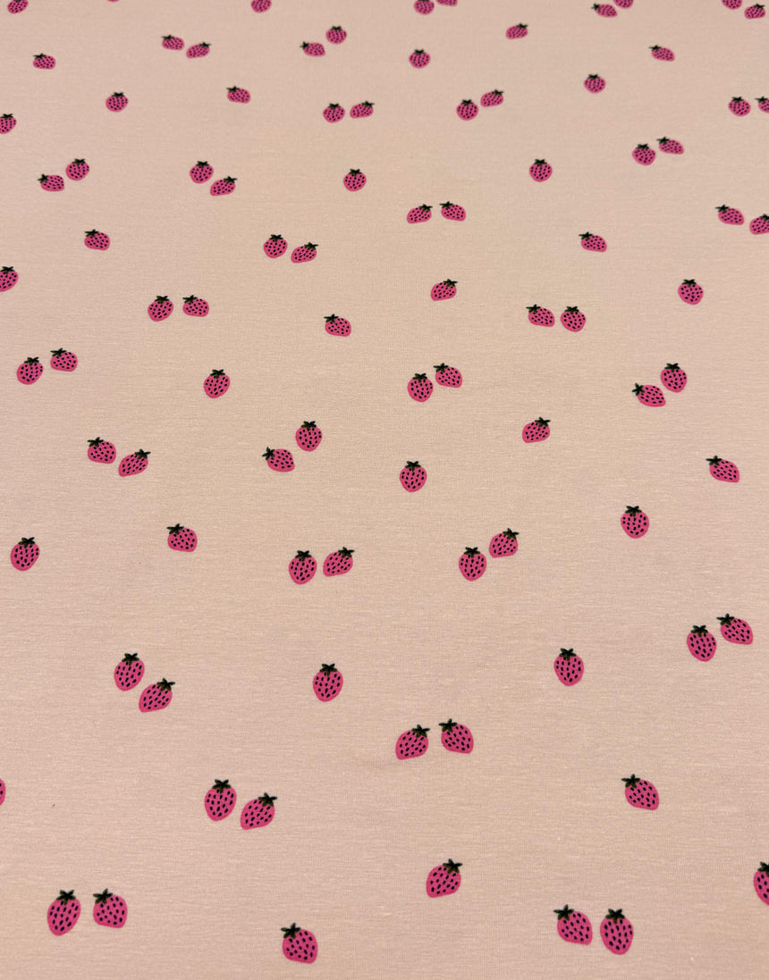 Pink Strawberry Scatter Organic Cotton Jersey Fabric