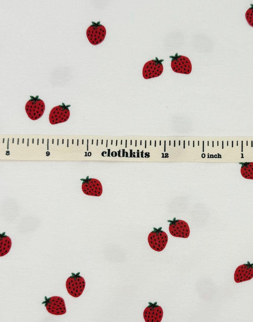 White Strawberry Scatter Organic Cotton Jersey Fabric