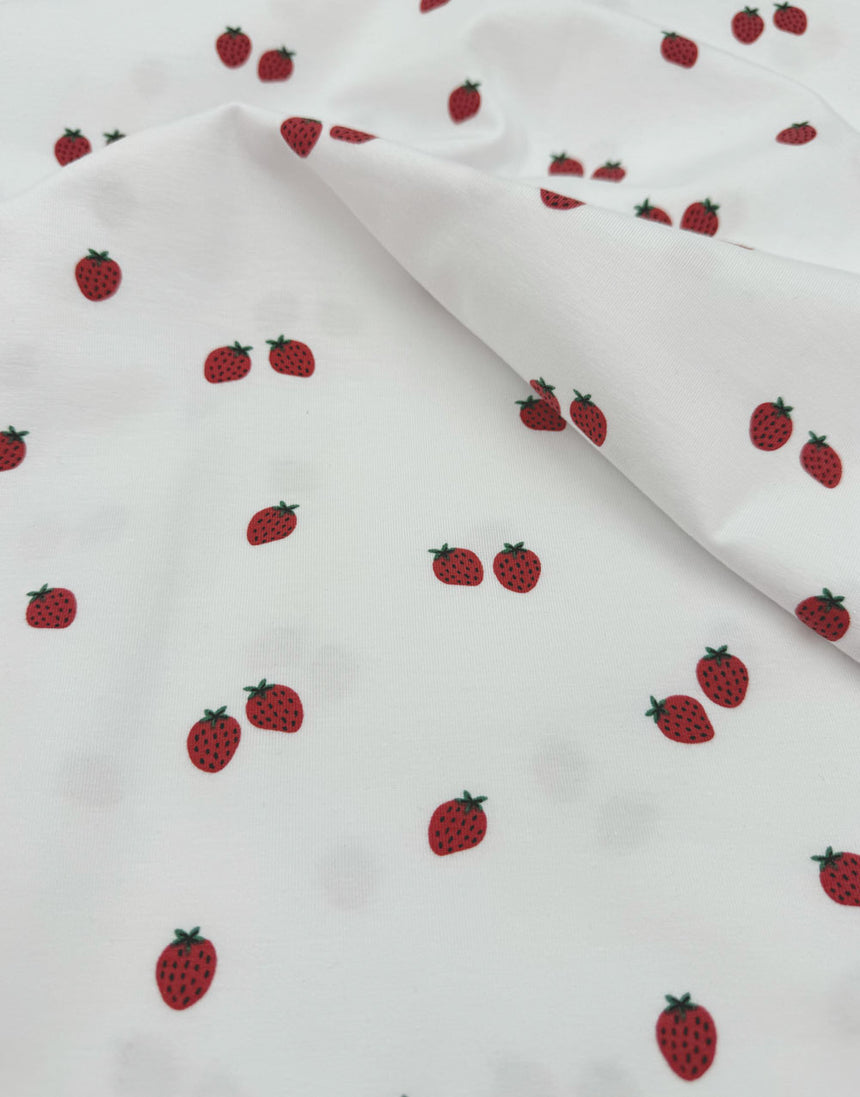 White Strawberry Scatter Organic Cotton Jersey Fabric