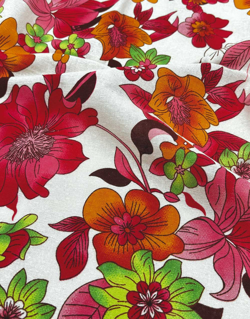 Red Hibiscus Linen Look Cotton Fabric