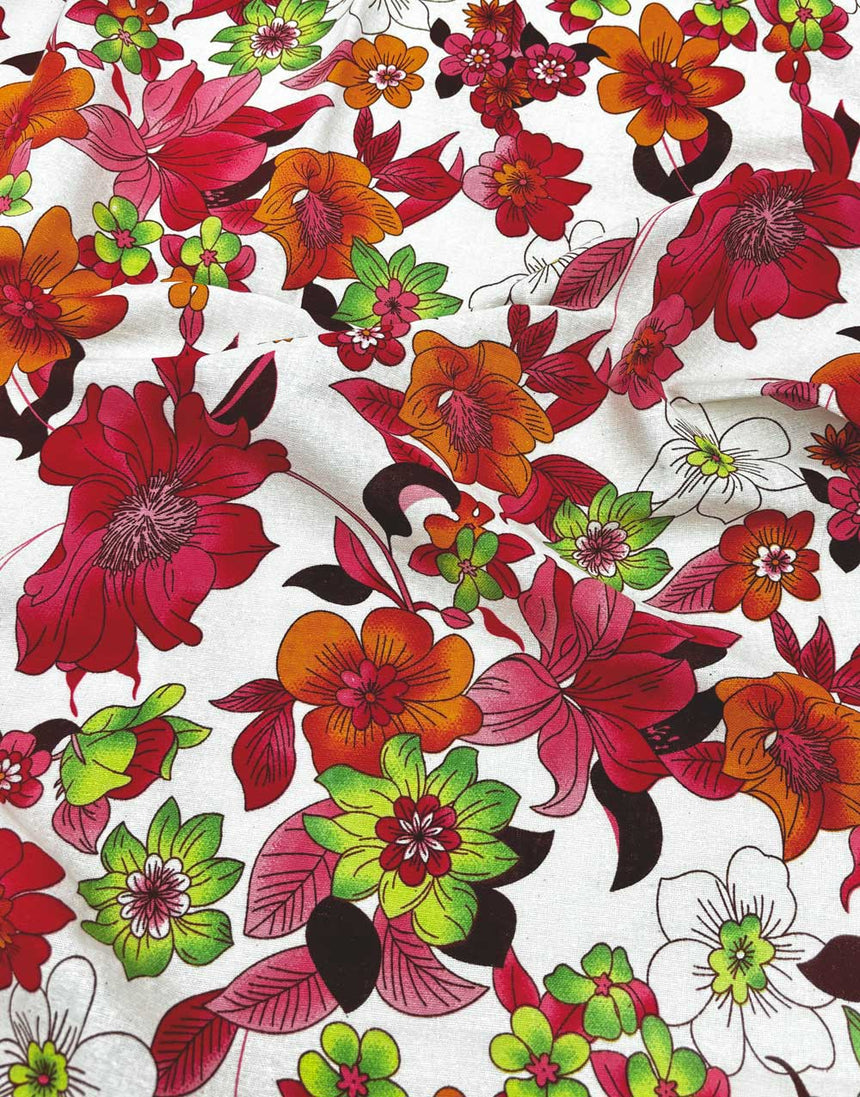 Red Hibiscus Linen Look Cotton Fabric