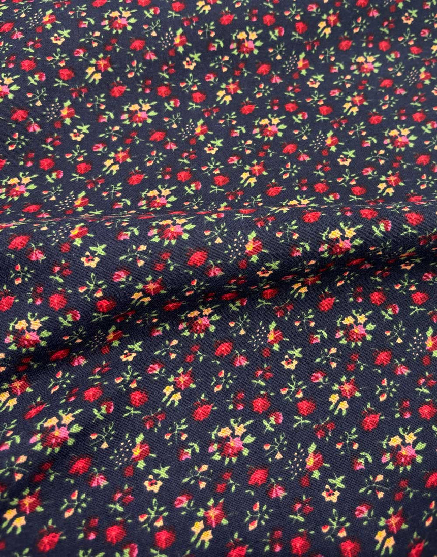 Navy & Red Ditsy Floral Linen Look Cotton Fabric