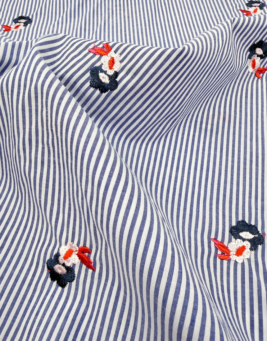 Blue Pinstripe Embroidered Floral Cotton Fabric