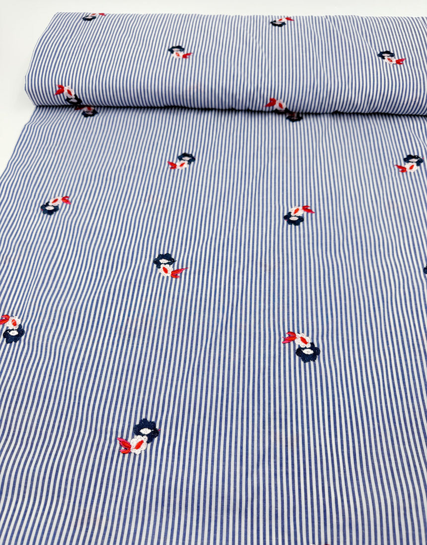 Blue Pinstripe Embroidered Floral Cotton Fabric