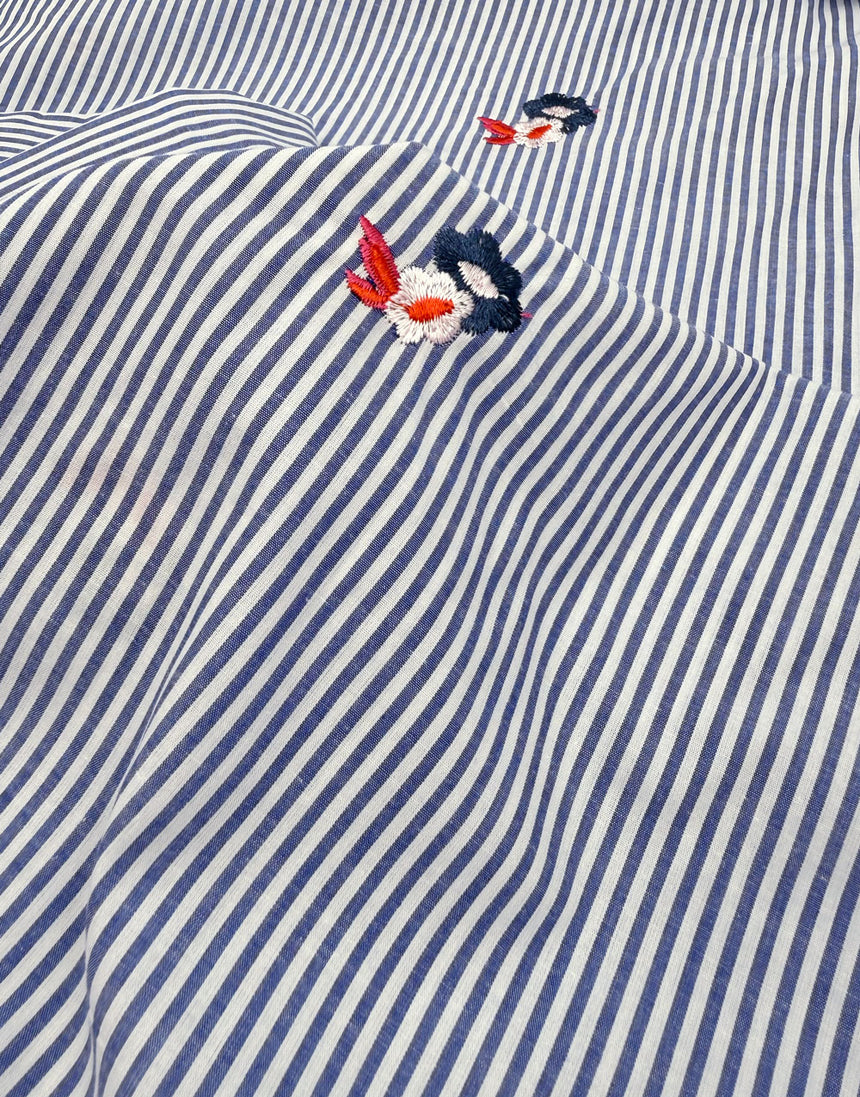 Blue Pinstripe Embroidered Floral Cotton Fabric