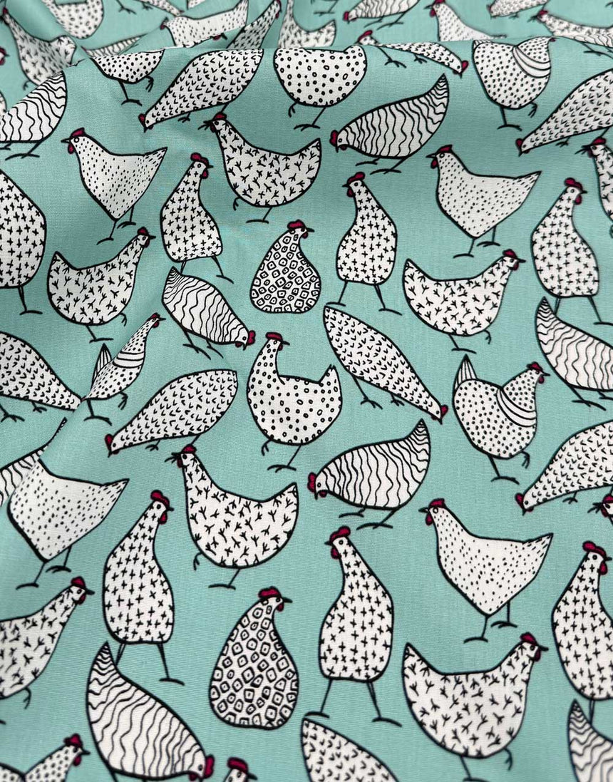 Aqua Chickens Cotton Poplin Fabric