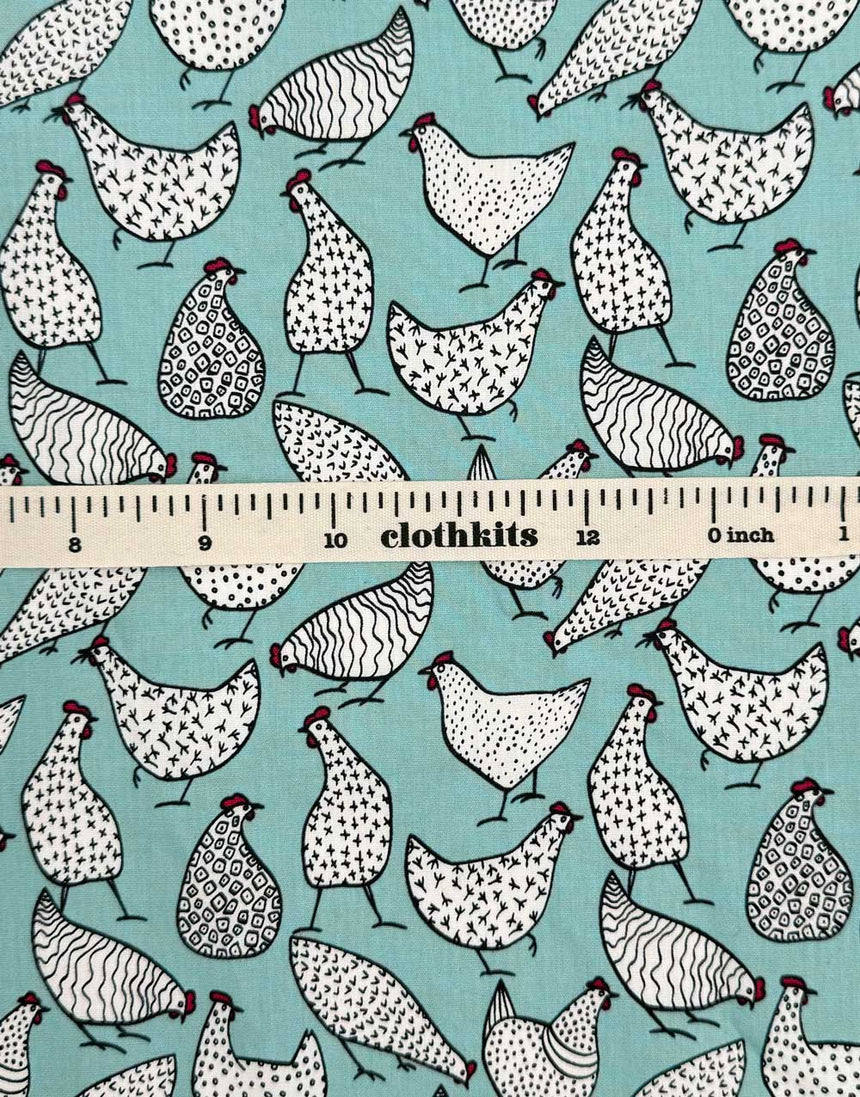 Aqua Chickens Cotton Poplin Fabric