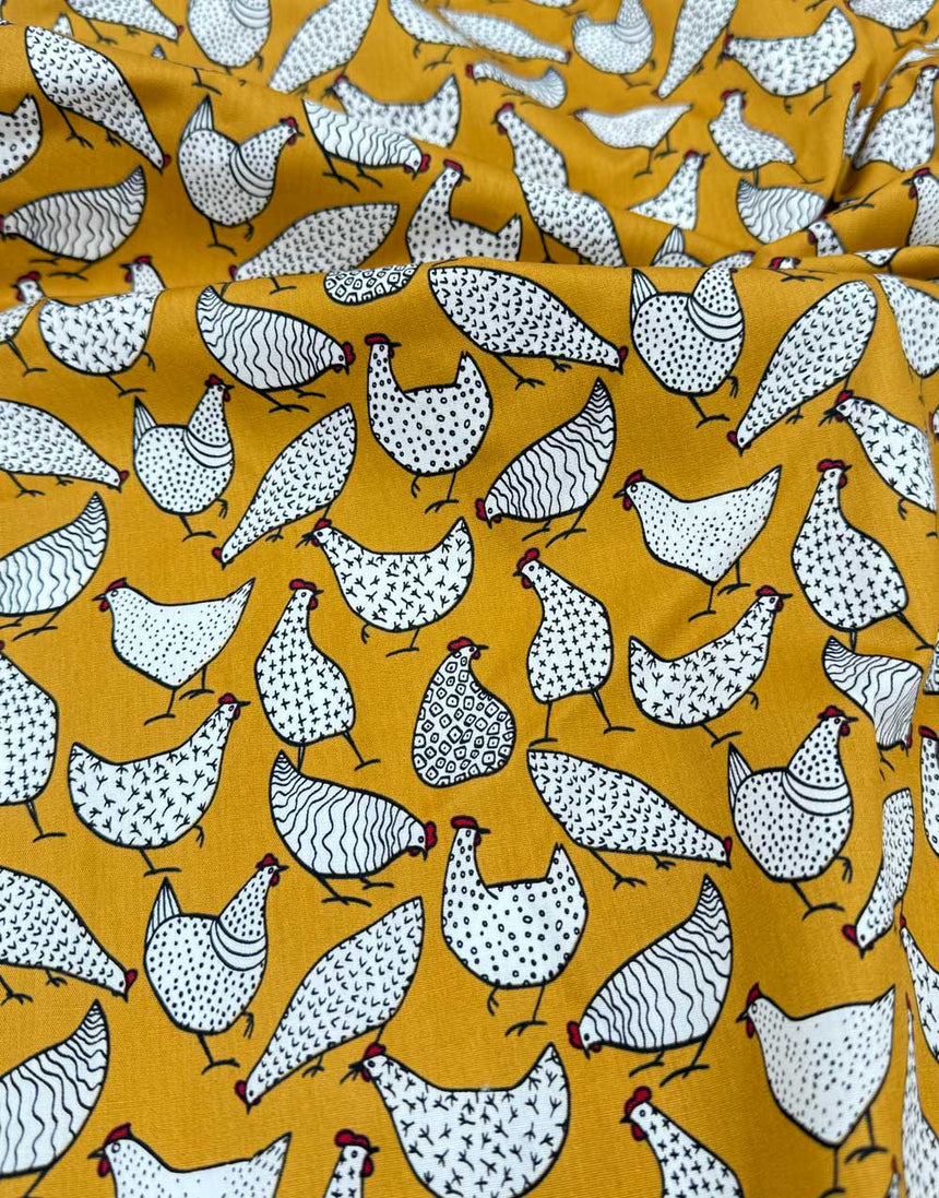 Ochre Chickens Cotton Poplin Fabric