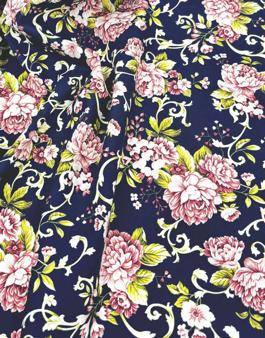 Remnant 1m -Large Floral Navy & Pink Cotton Poplin Fabric