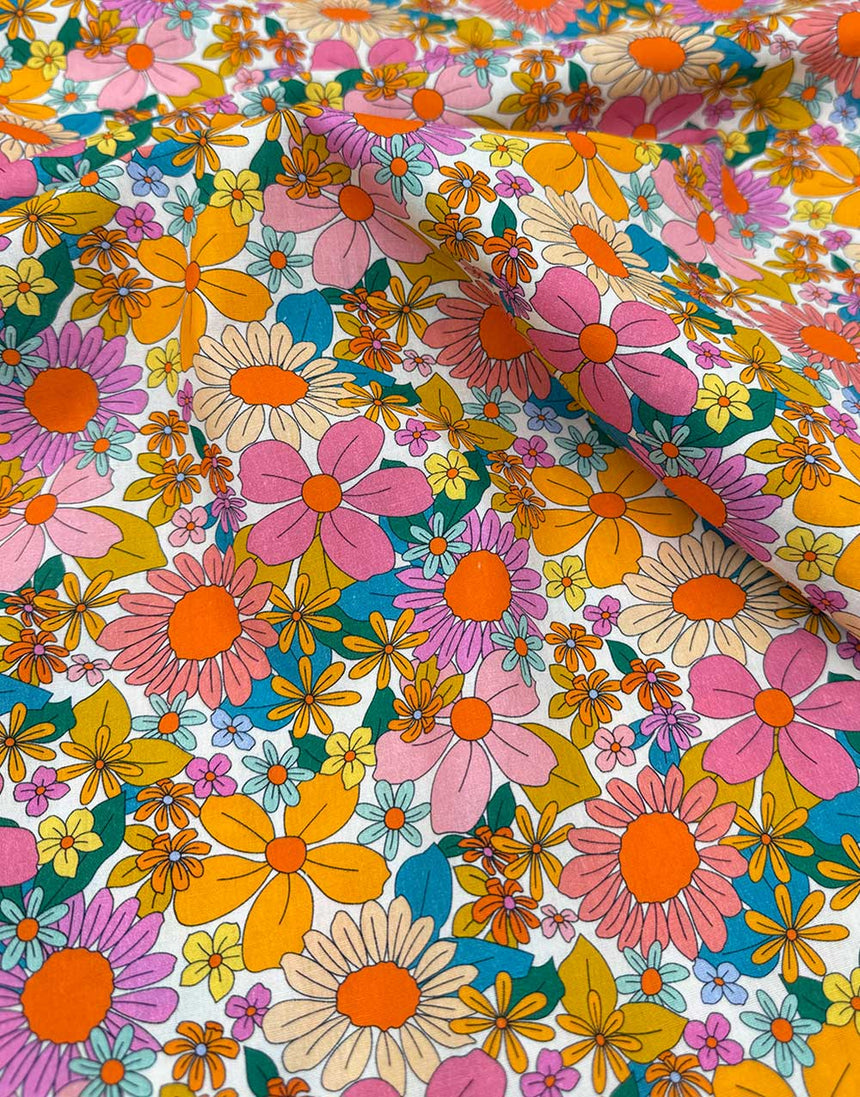 Sunshine Sixties Retro Floral Cotton Print Fabric